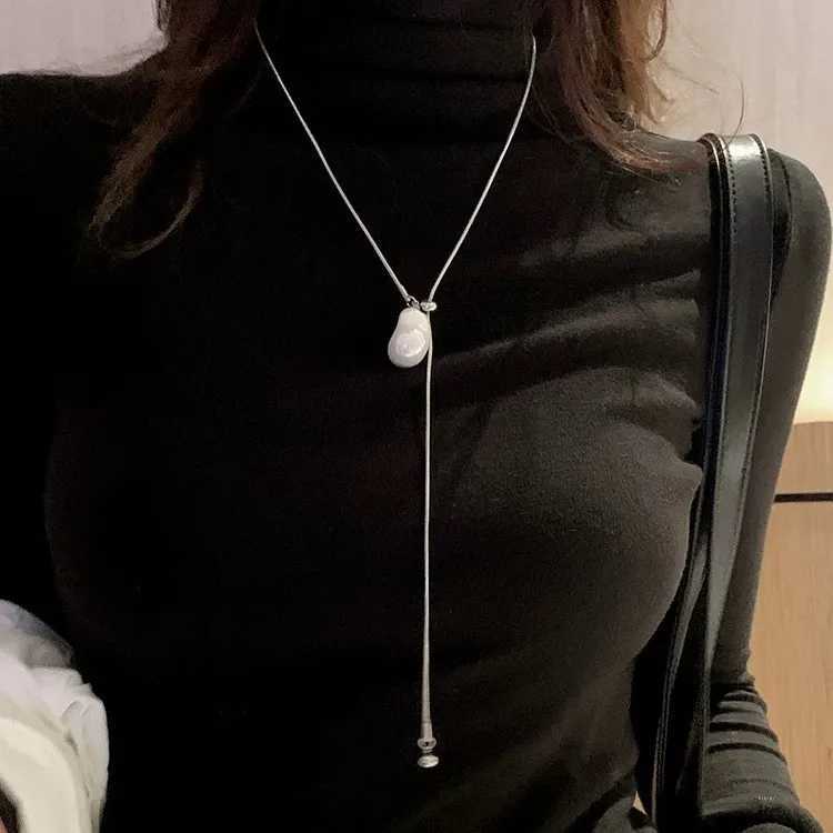 LATS Stainless Steel Long Necklace with Baroque Pearls for Women Adjustable Chain Sweater Accessories Fashion Jewelry Y250605