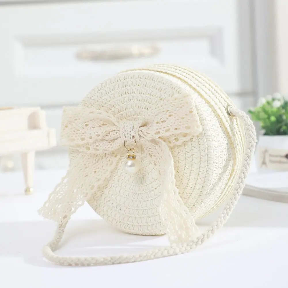 Mini Lace Bow Straw Bag Handwoven Round Summer Beach Zipper Lightweight Kids Crossbody Purse 250605