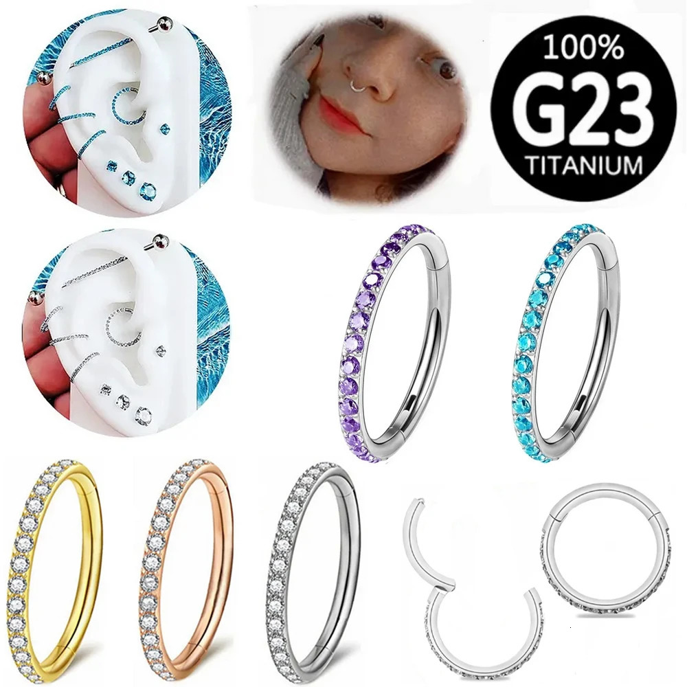G23 Multi Zircon Nose Ring Hoop 6/8/10/12mm Septum Hinged Clicker Lip Ear Helix Tragus Piercing Jewellery 250605