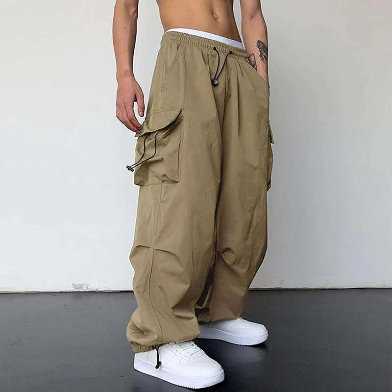 American Style Casual Pants Cargo Trousers High Street Drawstring Workwear Trendy Loose Versatile Straight Wide-Leg Casual Pants Z250605