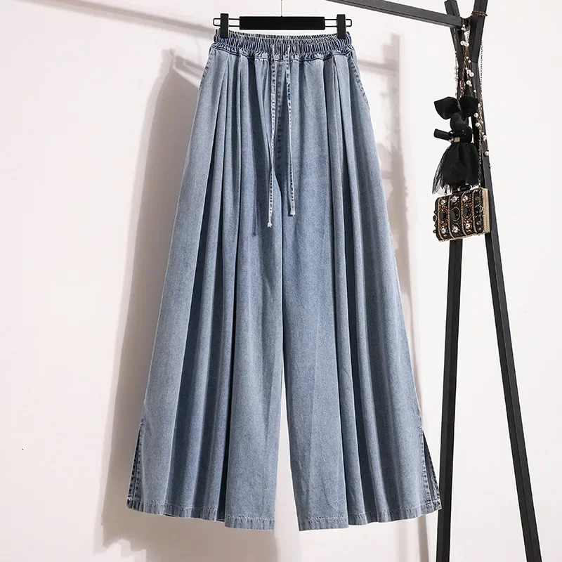 Plus Size Straight Leg Denim Jean Spring Loose Slim Elastic Waist Corduroy Open Slit Wide Pants Big 250605A