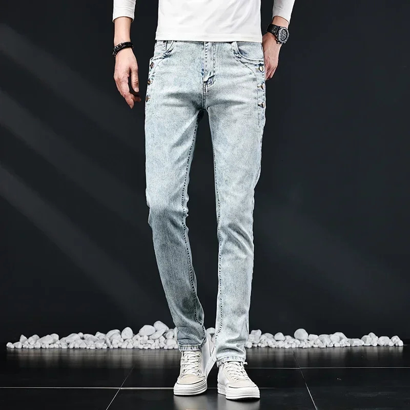 Mens Slim Elastic Skinny Jeans Korean n Fashion Multi-Button Vintage Washed Cotton Stretch Denim Pants Male Trousers 250605