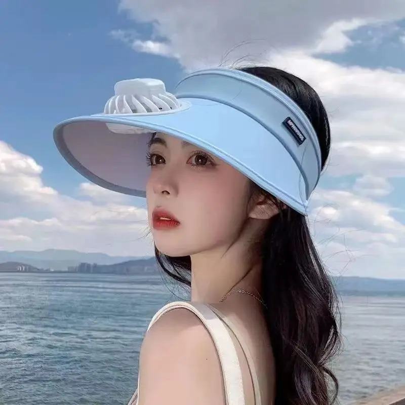 Summer Large Brim Empty Top Sunscreen Cap USB Fan Hat for WOMENS Leisure Outdoor Sports Travel Cycling Sun Hat Beach Fan Cap 250603