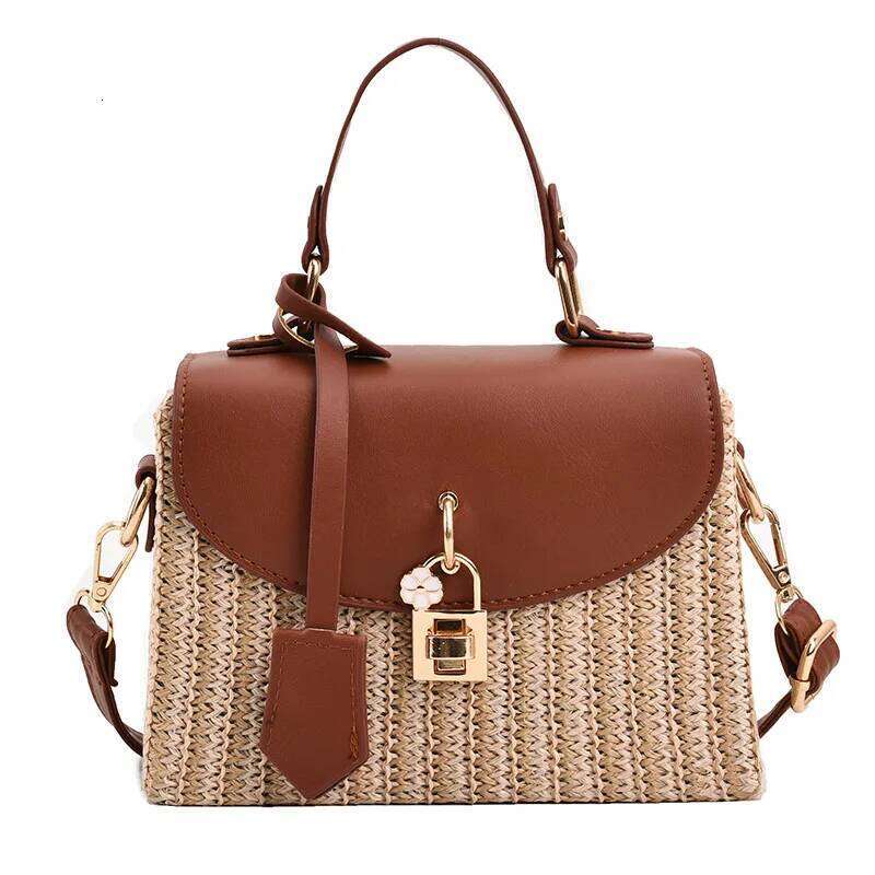 Fashion Straw Splicing Pu Leather Flap Handbag Hand-woven Box Rattan Women's Crossbody Messenger Casual Summer Beach Bag