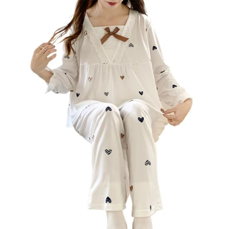 Four Seasons Women Sleepwear Plus Size Cartoon Heart Print Long Sleeve Cute Princess Style Summer Simple Casual Homewear 250530