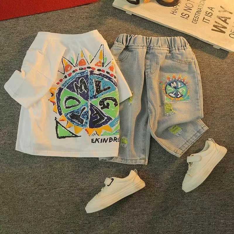 Baby Boys Summer Outfit Short SLeeve Cotton T-Shirt And Jeans Pants Two Piece Fashion Suit Kids 1-9 Years Old Sport Clothing New R250606