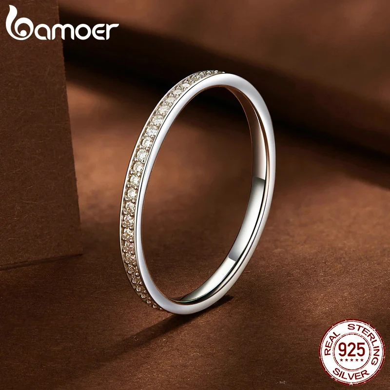 BAMOER Moissanite Wedding Band 925 Sterling Silver Eternity Rings Platinum Plated Lab Created Diamond Stackable Ring for Women Romantic Gift MSR030