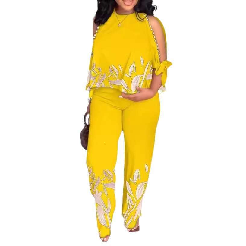 Women's Round Neck Raglan Five-Quarter Sleeve Beaded Positioning Print Long Pants Plus Size Set B5