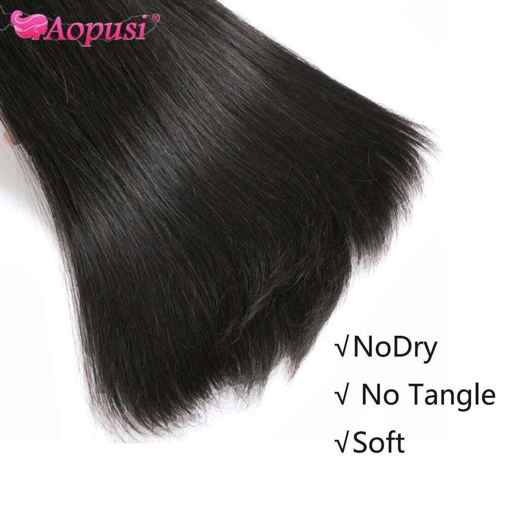 Aopusi 8-30 Inch Straight Bundles Closure Brazilian Remy Human Hair Extension With 4X4 Lace Jet/Natural Black