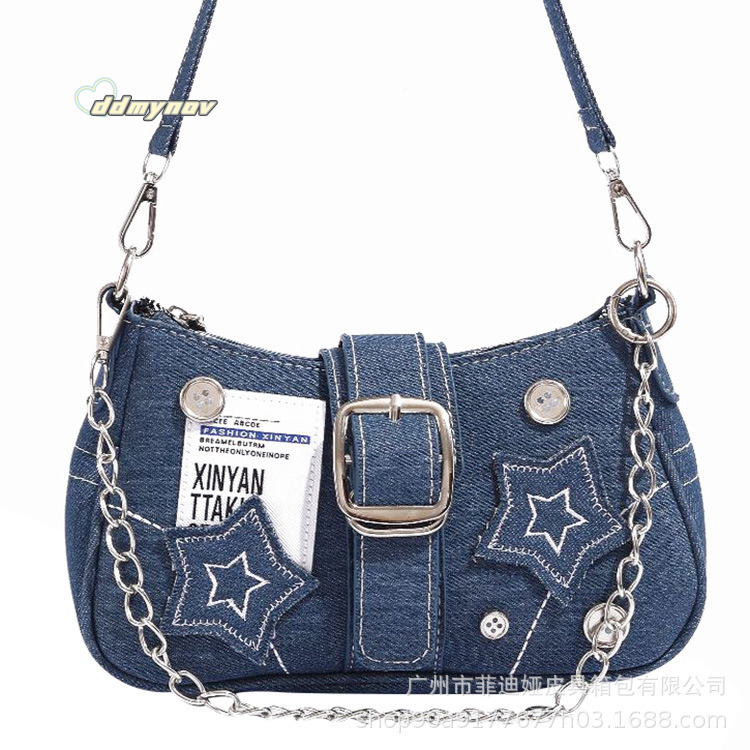 Y2K Millennial Underarm Women Button Denim Canvas Hot Girl Star Handbag Chain Bag ddmynov