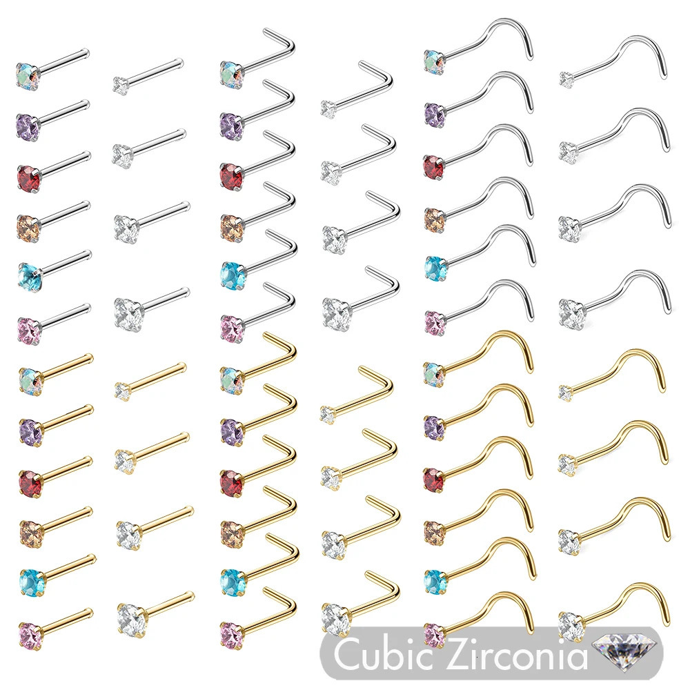 6/10Pcs CZ Gem Stainless Steel Nose Rings Nostril Piercing Studs Jewelry S L Bone Shape Multi Color Round Crystal 20g 250605