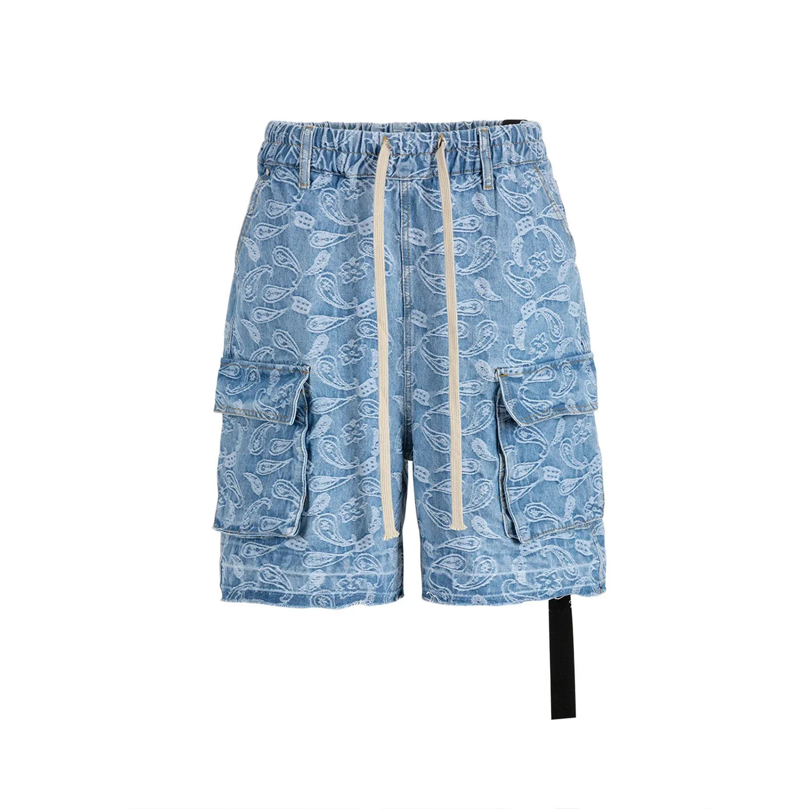 Streetwear Washed Cashew Flower Pocket Summer Denim shorts for Men and Women Wide Leg Baggy Drawstring Cargo Short 250530