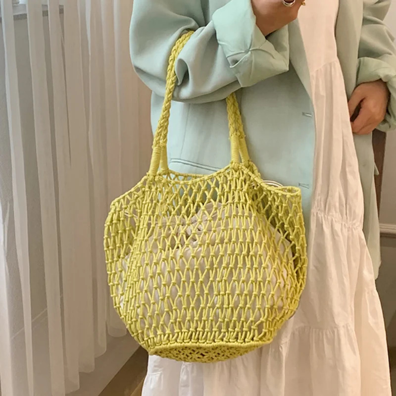 Fashion Woven Straw Bag Hollow Shoulder Bag Large Capacity Tote Handmade Bag Cotton Linen Net Bag Beach Holiday Bag 250605