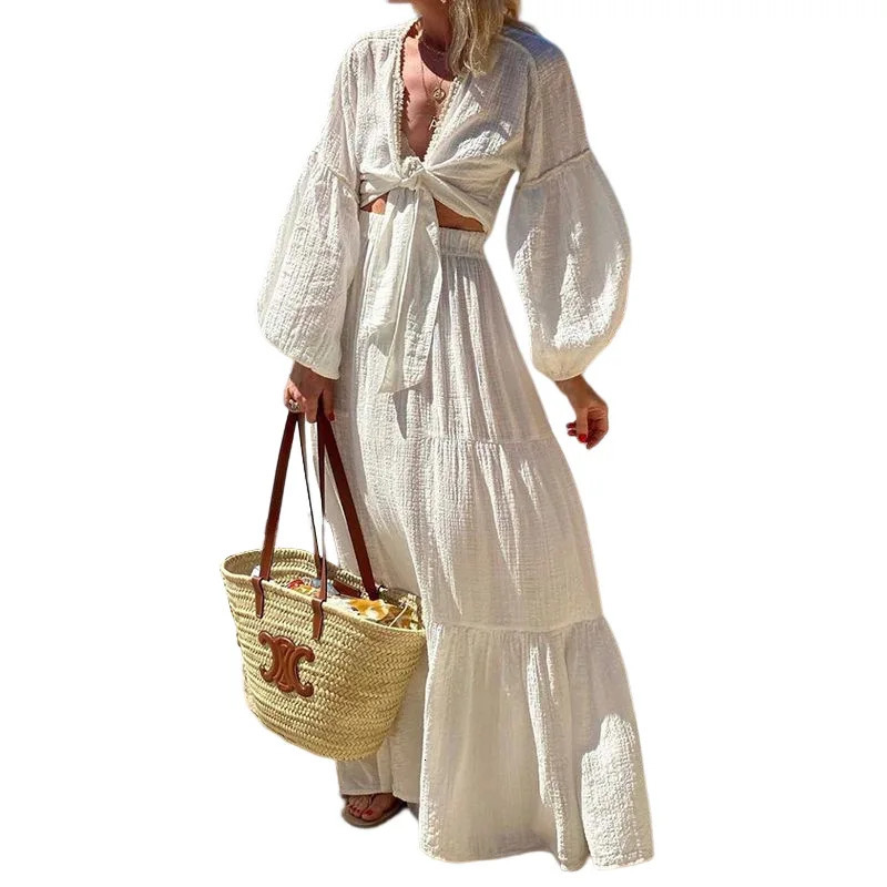 Canwedance Women Two Pieces Boho Dress Sets Femme Beach Style White Outfits Puff Sleeve A-line Skirt Holiday Sets 2 Pieces Suits 250605
