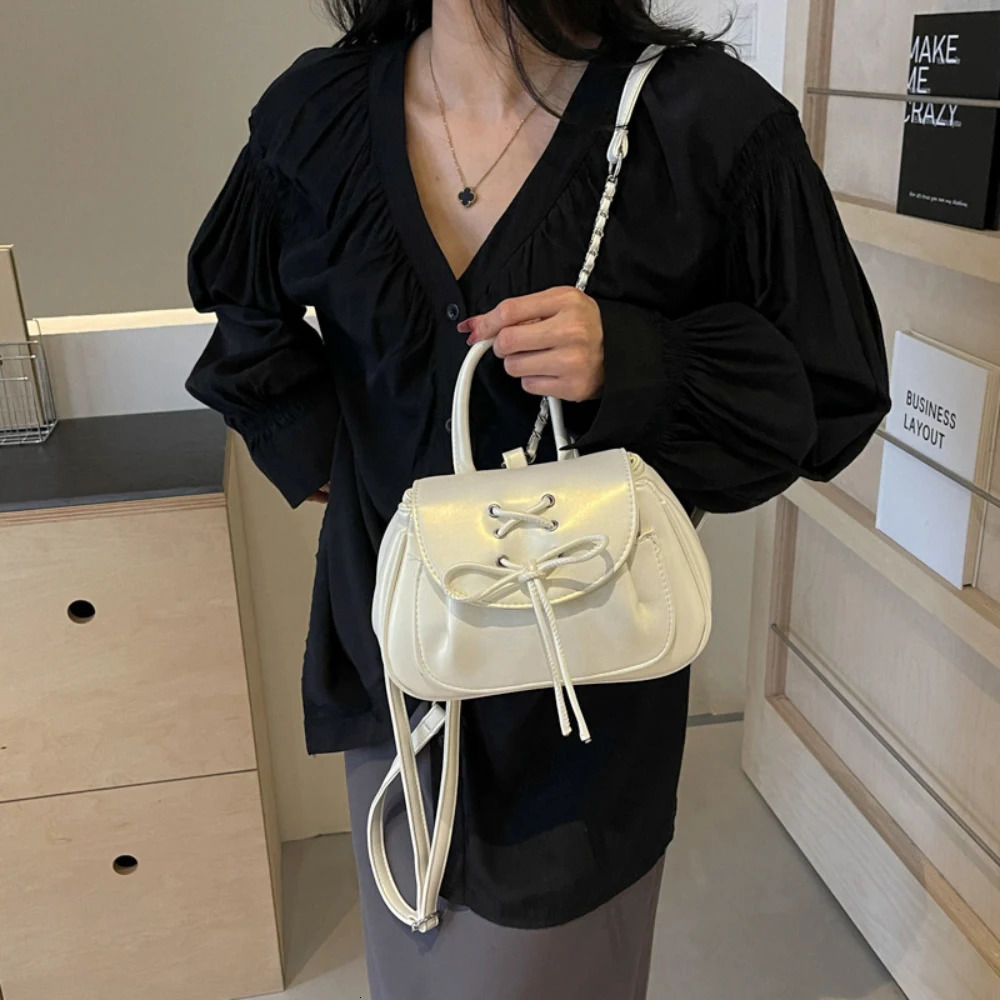 Korean Style Drawstring Lace-Up Backpacks for Ladies Womens Chic Solid Color All-Matched Backpack Hand-Held Versatile Packs 250605