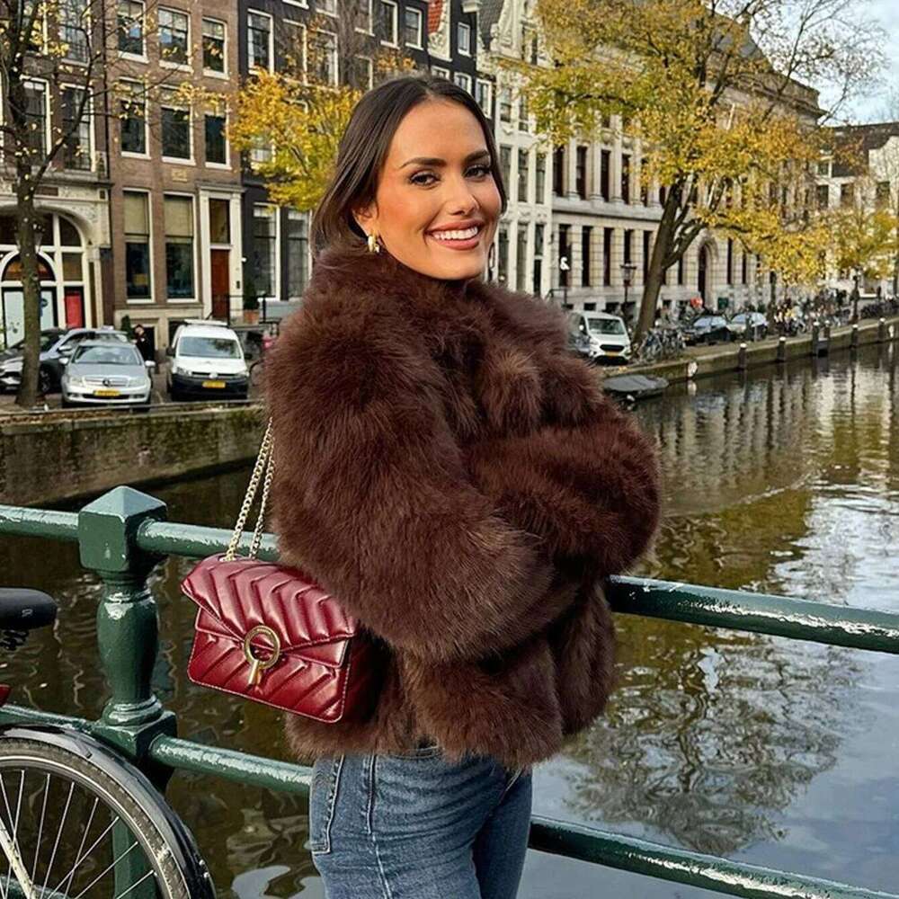 Taop&Za women's 2024 autumn and winter new coat, lapel, faux fur effect, brown Maillard style short coat