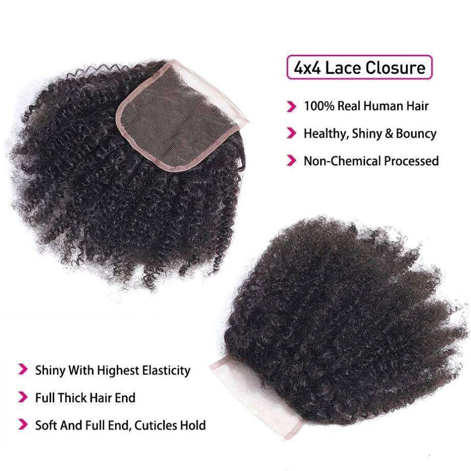 Mongolian Kinky Human Bundles With African Natural Fluffy Hair Extensions 4x4 Lace Closure 4B 4C Tissage Afro