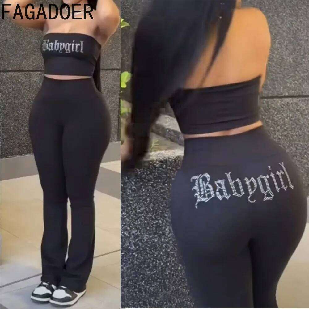 FAGADOER Rhinestone Letter 2 Piece Set for Women Y2K Black Streetwear Fashion Tube Backless Crop Tops And Skiny Pants Suits