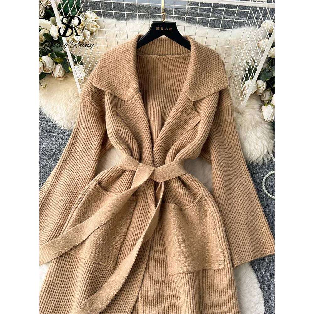 SINGREINY Winter Loose Knitted Overcoat Lapel Neck Sleeves Lace Up Streetwear 2023 Autumn Casual Long Sweater Cardiagns