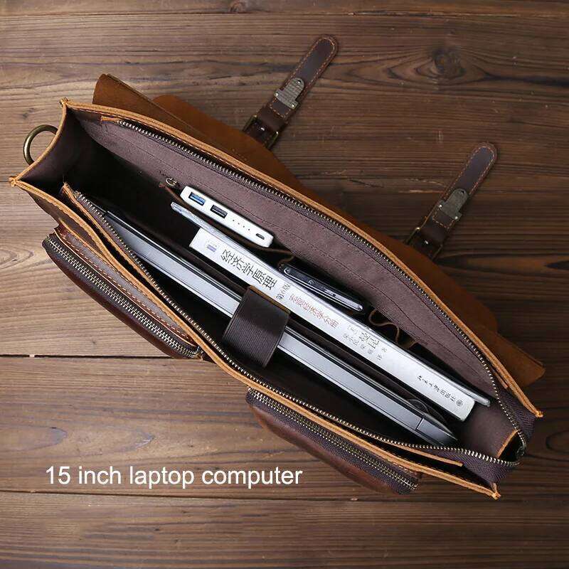 JLFGPJ Large Capacity Horizontal Crazy Horse Leather Handbag Men's Top Layer Cowhide Fashionable Zipper Crossbody Briefcase