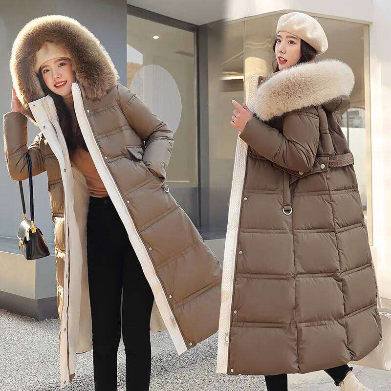 Long Parker Jacket 2022 Women Autumn Winter Thick Warm Coats Woven Block Trend Hooded White Black Korean Coat Parkas