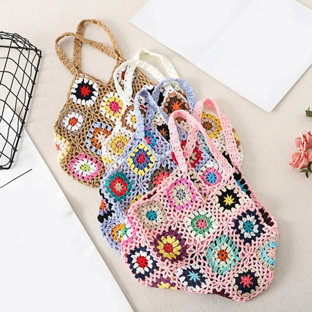 Bohemian Crochet Ladies Shoulder Bags Knitted Multicolor Hollow Tote Bag Retro Casual Knit Summer Beach Bag 250605