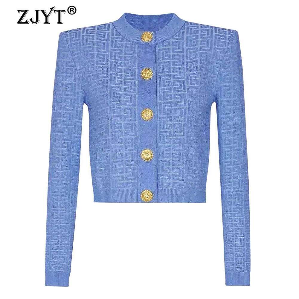 ZJYT Spring New Long Sleeve Single Breasted Cardigan Sweaters for Women Elegant Vintage Halter Neck Knitted Crop Tops Blue Black