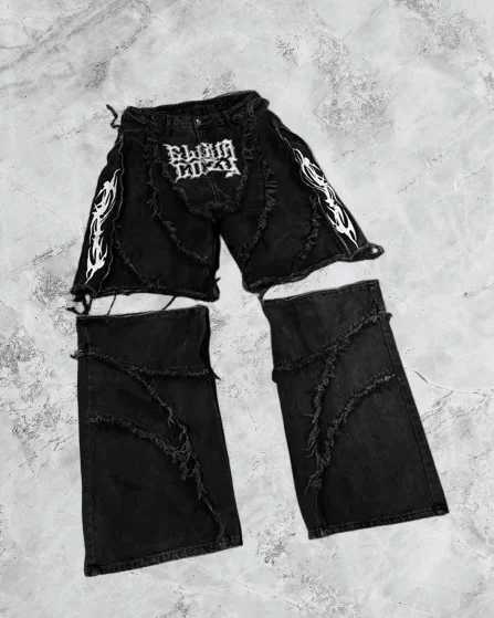 Vintage Patchwork Stripe Embroidery Raw Edge Jeans Y2K Mens Zipper Detachable Patchwork Baggy Jeans Low Waist Wide Leg Trousers Z250605