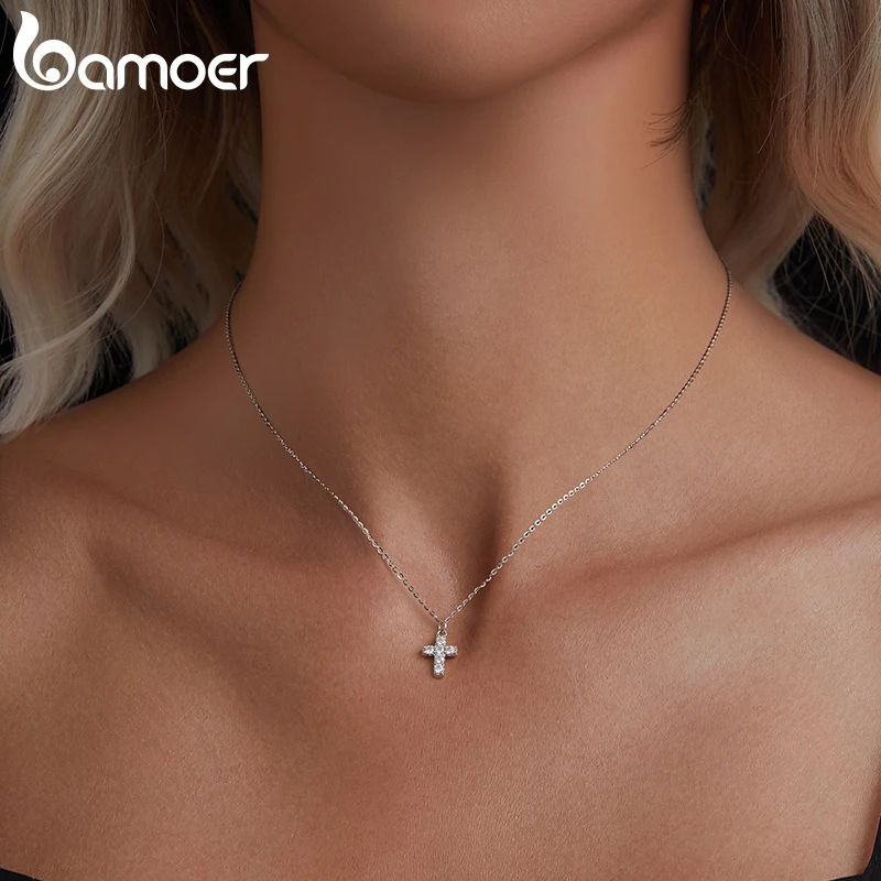 BAMOER White Gold Plated Moissanite Cross Necklace for Women, 925 Sterling Silver Small Religious Faith Cross Necklace Xmas Gift
