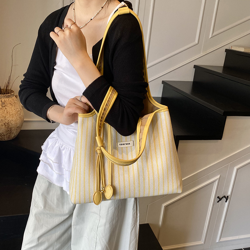 designer Striped Color-Block Tote Bag for Women 2025 New Summer Niche Casual Simple Fashion Handbag Shoulder Underarm Bag