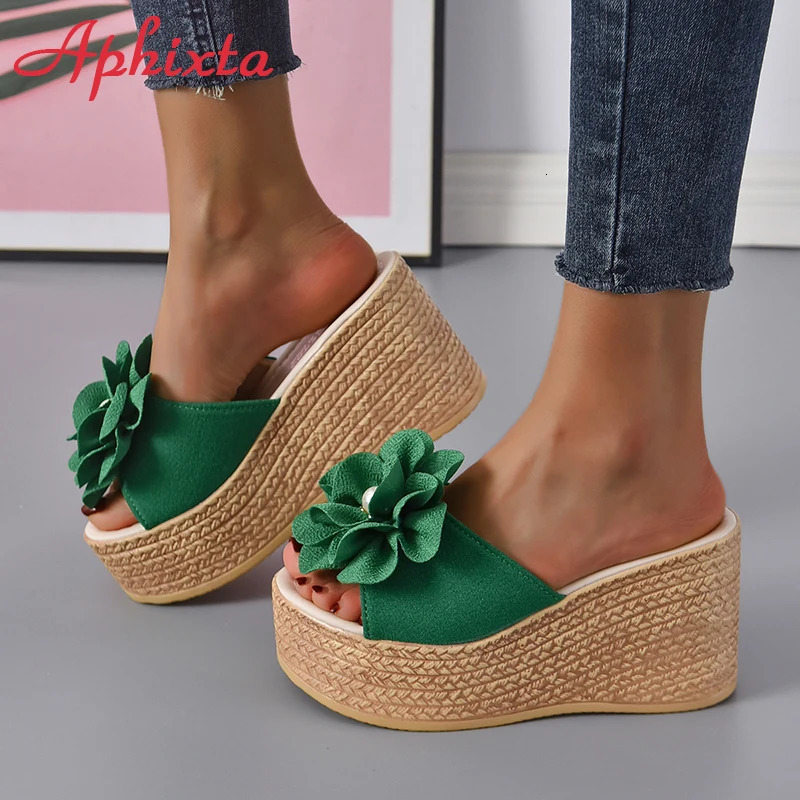 Aphixta Summer 9cm Wedge Heels Slippers Women Big Pearl Bead Flowers Cow Suede Bow Mulers 4cm Platform Sandals Clog Shoes Slides 250603