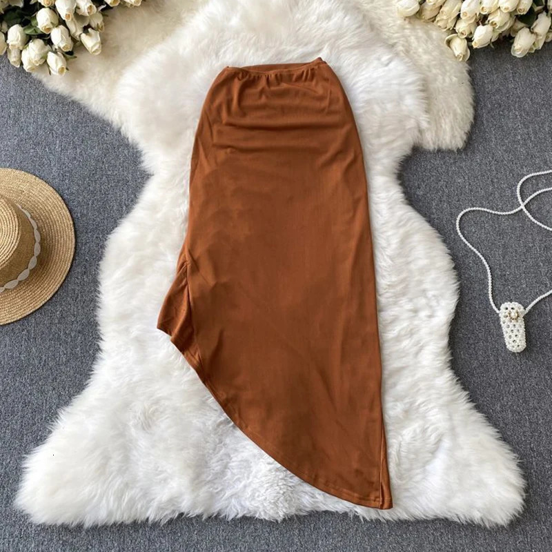 Sexy Draped Irregular Lace up Drawstring Folds Midi Skirt High Split Dress Women Clothes Office Lady Wrap Buttock Elegant Solid 250605