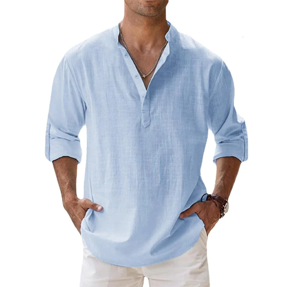 Cotton Linen Shirts for Men Casual Shirts Lightweight Long Sleeve Henley Beach Shirts Hawaiian T Shirts for Men Streetwear 250605