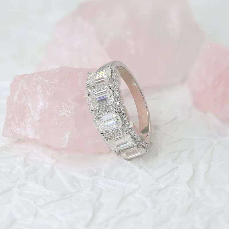 Paston Jewelry Half Eternity Ring Moissanite Rings 925 Sterling Silver 4*6mm Emerald Cut Moissanite Band for Women