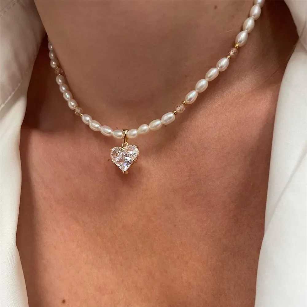 Boho Vintage Transparent Heart-shaped Crystal Pendant Necklace For Women Female Fashion Artificial Pearl Chain Choker Jewelry Y250605