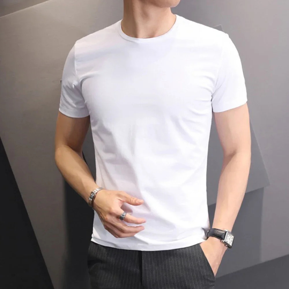 Men T-shirts White Black Short Sleeve Loose Round Neck Bottoming Shirts Trendy Casual Solid Color Pullover Tops Male Clothing 250605