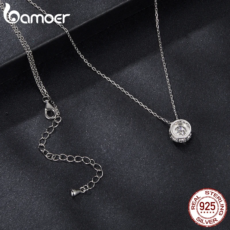 BAMOER Diamond White Gold Plated Halo Moissanite Necklace, 925 Sterling Silver Classic Elegant Necklace Fashion Engagement Jewellry Gift Shiny MSN046