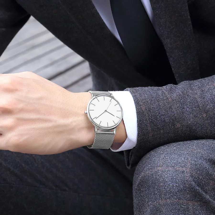 Korean version of minimalist ultra-thin couple watch with mesh scale fashionable mens and womens quartz watch gift party watch Y250605