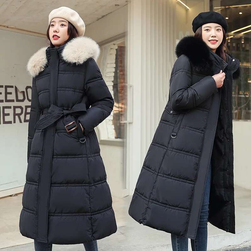 Long Parker Jacket 2022 Women Autumn Winter Thick Warm Coats Woven Block Trend Hooded White Black Korean Coat Parkas