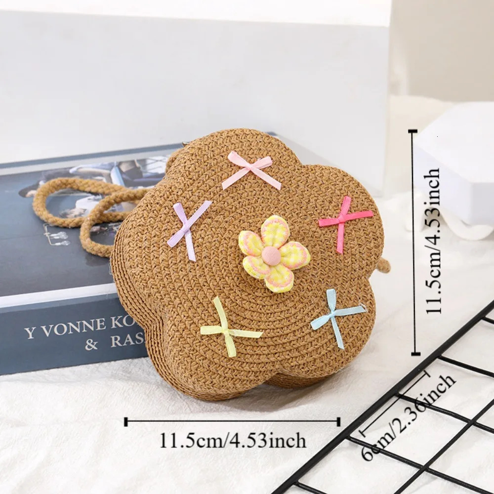 Durable Straw Shoulder Bags Flower Handmade Mini Coin Purse with Bow Messenger Bag for Kids Girls 250605
