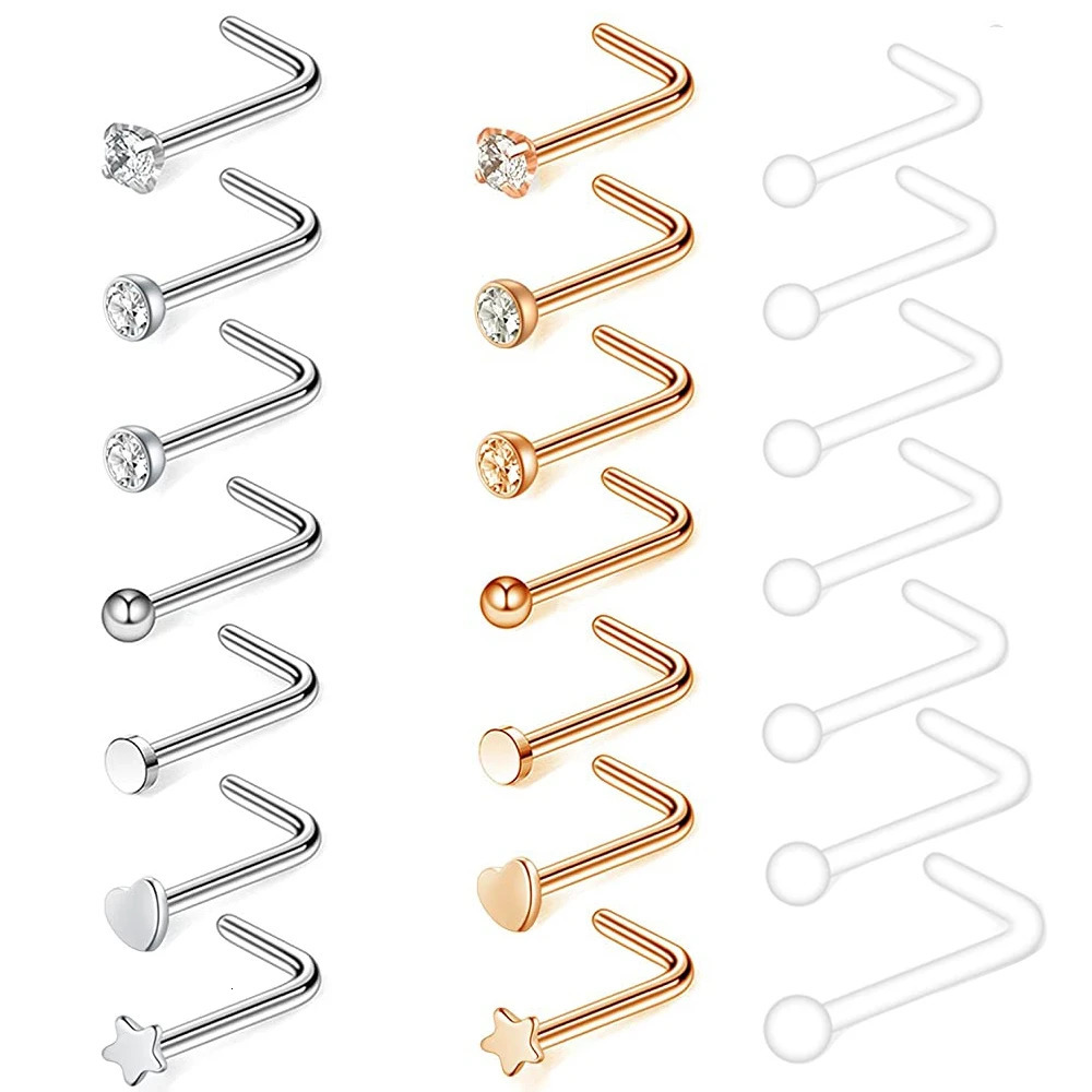 21pcs/lot 20G Stainless Steel Nose Ring Stud Set Heart Crystal Nose Piercing Screw L Shape Nostril Hoop Nose Body Jewelry 250605