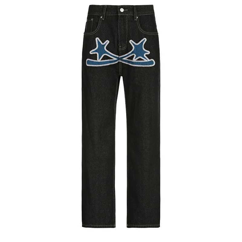 Jeans Women Denim Pants Long Pant Casual Loose Straight Trousers Print High Waist Button Pockets Y2k Streetwear Maxi Mom Jeans Z250605