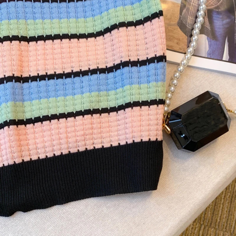 2025 Summer Rainbow Striped TurnDown Collar Lady Thin Sweater Short Sleeve Knitted Pullover Women Fashion Crop Tops Mujer 250530