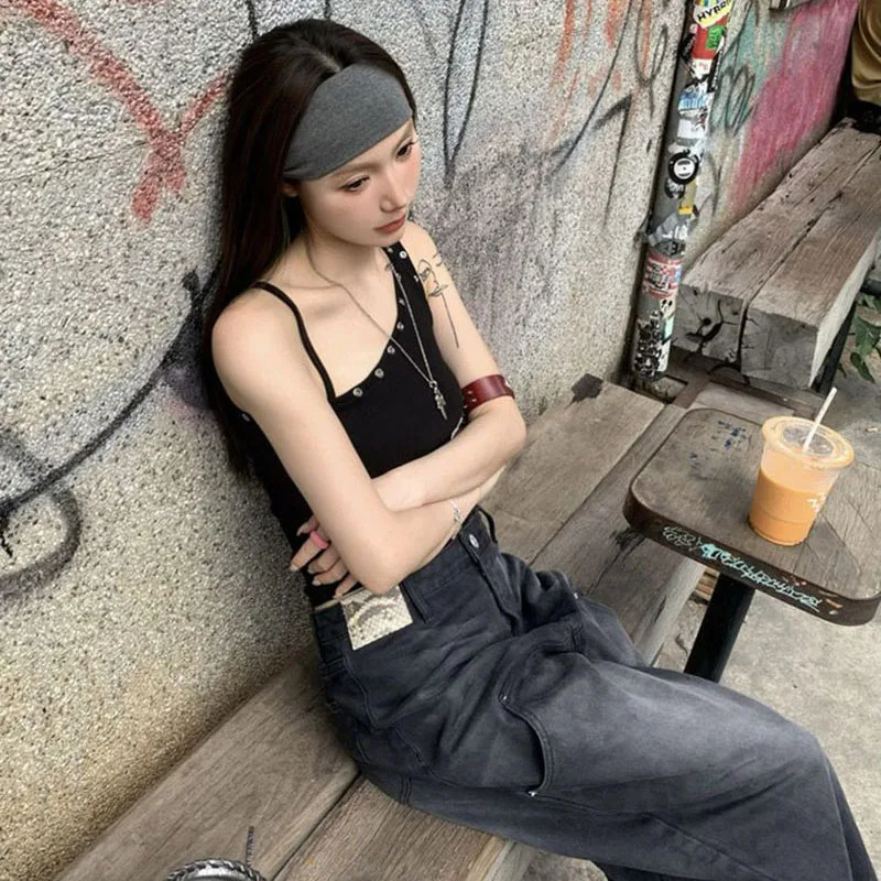 Lucyever Black Sexy One Shoulder Vest Tops Women Streetwear Ribbed Sleeveless Slim Fit Tank Female Y2K Grunge Punk Crop Tops 250605