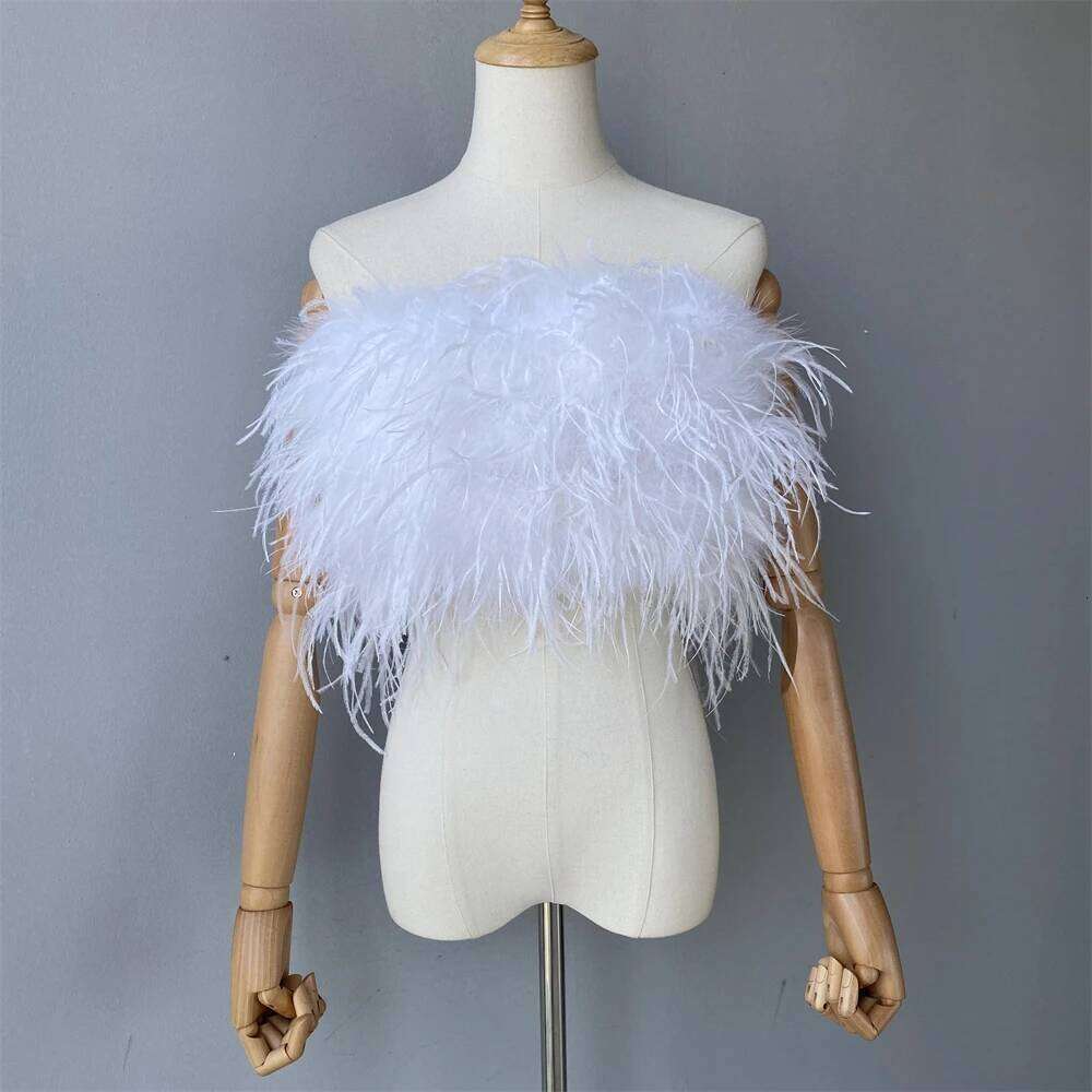 Jaxmonoy New Women Ostrich Feather Tube Spring Summer Sexy Stretch Bra Lady Party Wedding Fashion Sleeveless Cropped Top