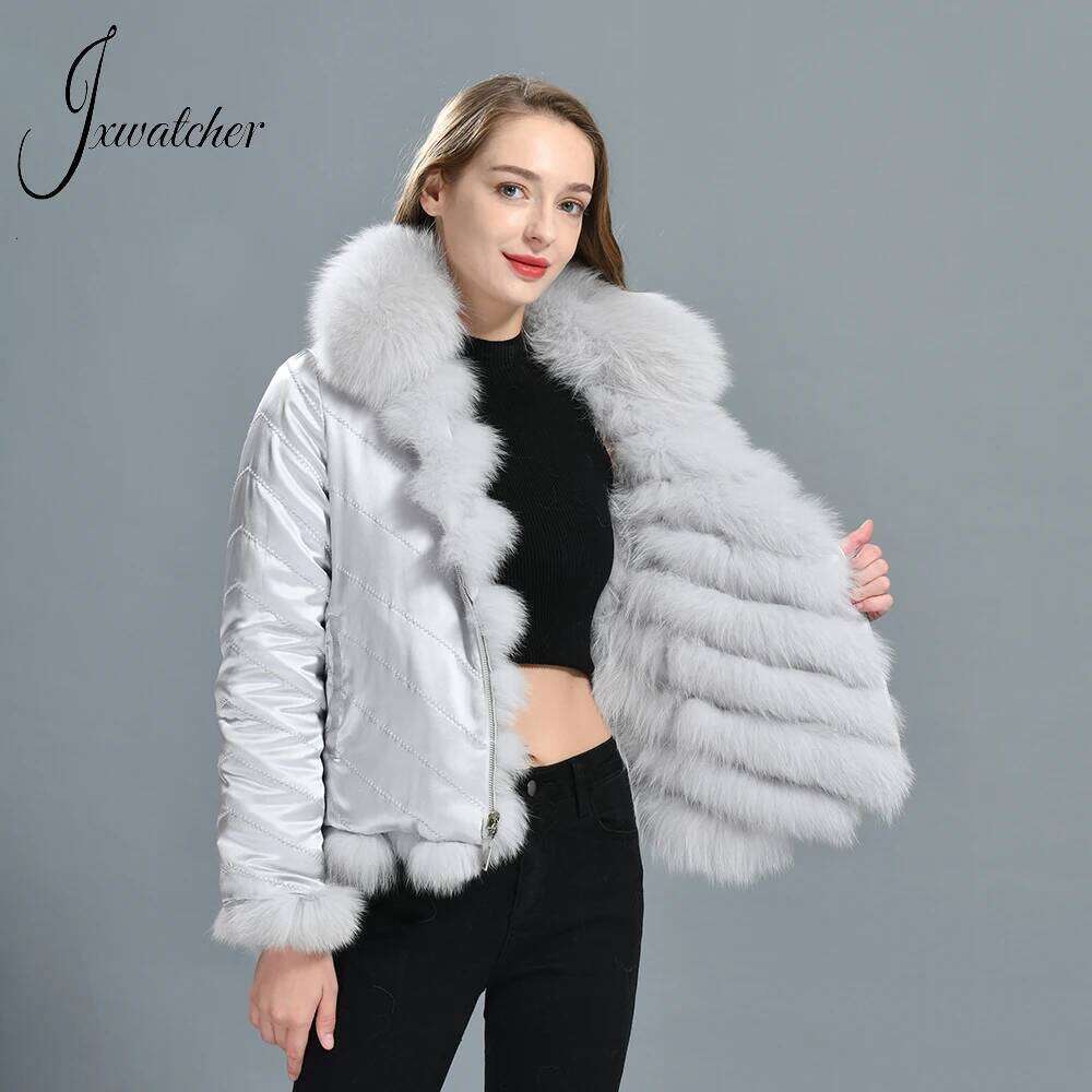 Jxwatcher Women's Fox Coat High-Grade 100% Real Silk Liner Reversible Wear Jacket Double Side Coats Natural Fur Jackets