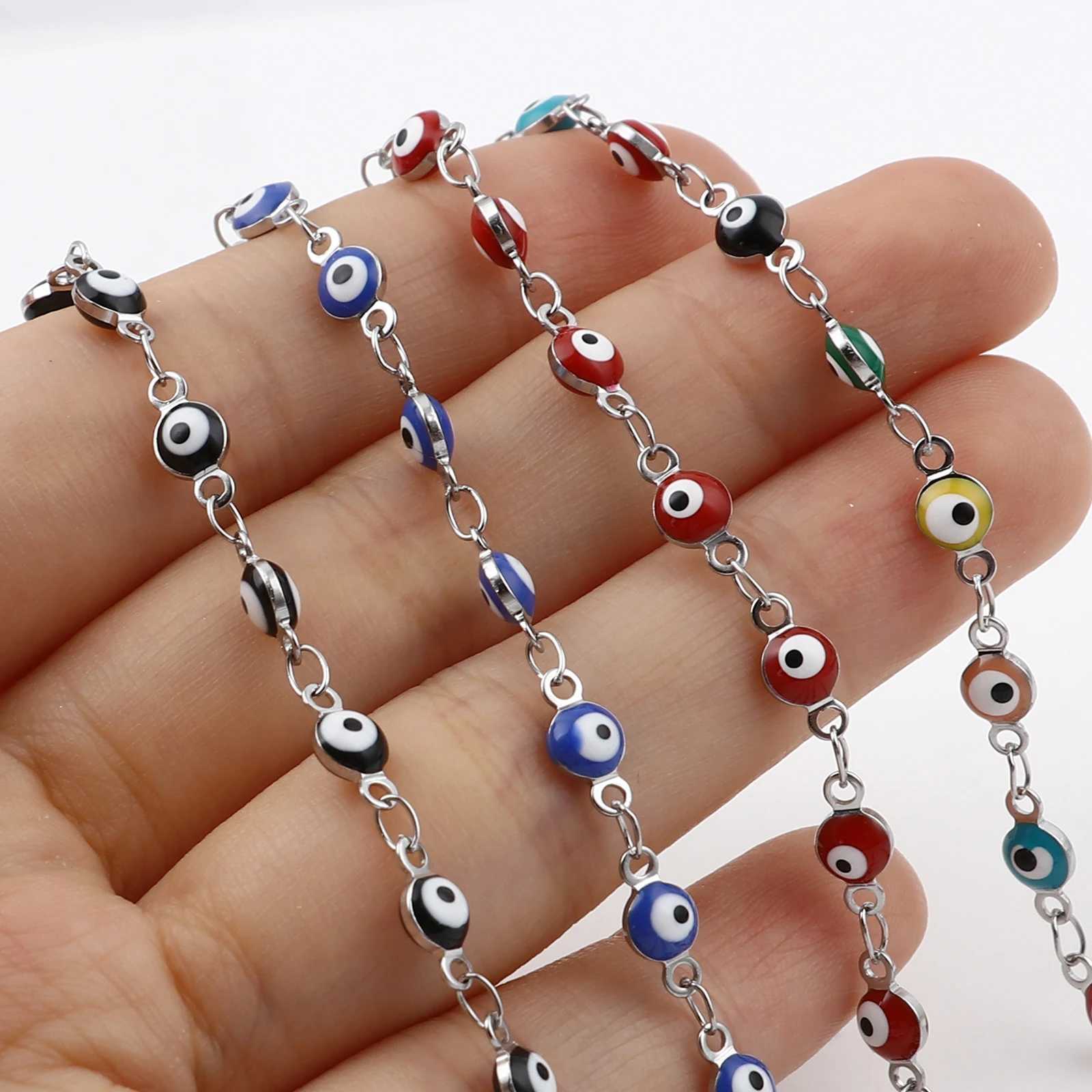Stainless Steel Bracelets Round Evil Eye Enamel Jewelry Silver Color Hand Turkish Jewelry Bangle Boho Women Bracelet 19.5cm long W250606