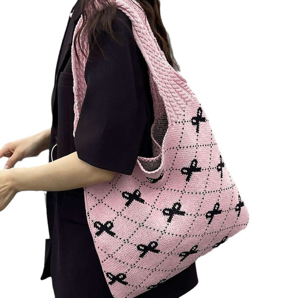 New INS Style Knitted With Bowknot Large Capacity Tote Bag For Women B5