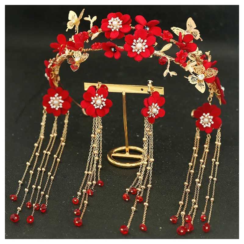 Chinese Women Red Flower Bridal Headpieces Wedding Headbands With Long Tassel Accessories For Brides Tiaras Crowns Headbands Z250605