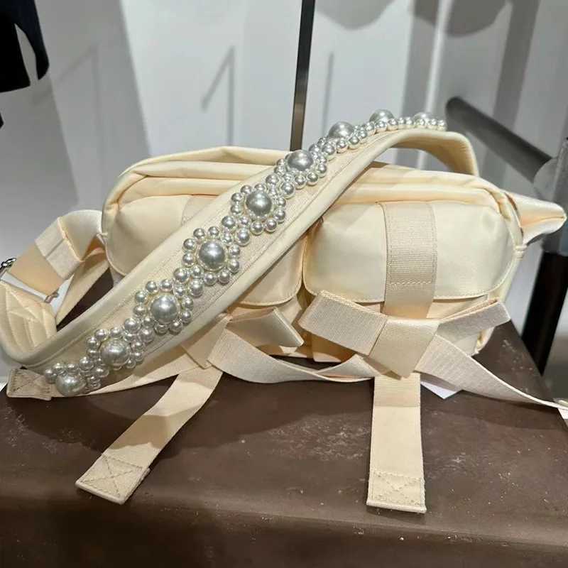 FIRMRANCH Pearl Bead Braided Flower Shoulder Strap Bow Design Canvas Square Single Shoulder Oblique Straddle Bag For Woman Purse M250606